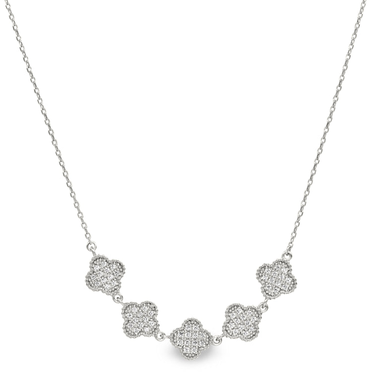 Platinum finish sterling silver micropave five clover necklace with simulated diamonds on 16-18 adjustable chain
