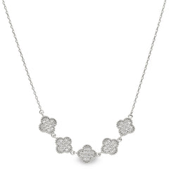 Platinum finish sterling silver micropave five clover necklace with simulated diamonds on 16-18 adjustable chain