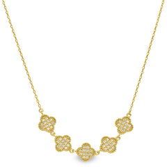 Gold finish sterling silver micropave five clover necklace with simulated diamonds on 16-18 adjustable chain