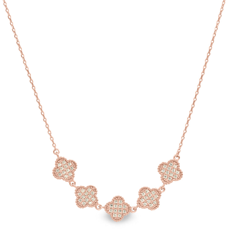 Rose gold finish sterling silver micropave five clover necklace with simulated diamonds on 16-18 adjustable chain