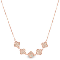 Rose gold finish sterling silver micropave five clover necklace with simulated diamonds on 16-18 adjustable chain