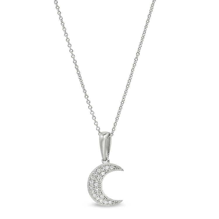 Platinum finish sterling silver micropave moon pendant with simulated diamonds on 16-18 adjustable chain