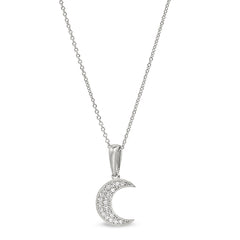 Platinum finish sterling silver micropave moon pendant with simulated diamonds on 16-18 adjustable chain