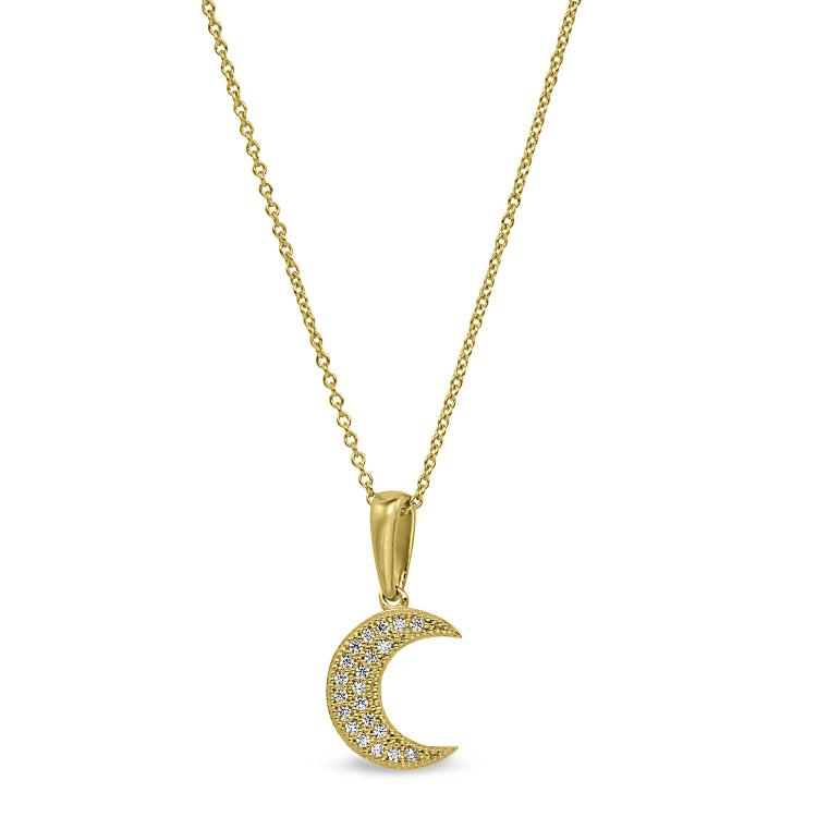 Gold finish sterling silver micropave moon pendant with simulated diamonds on 16-18 adjustable chain