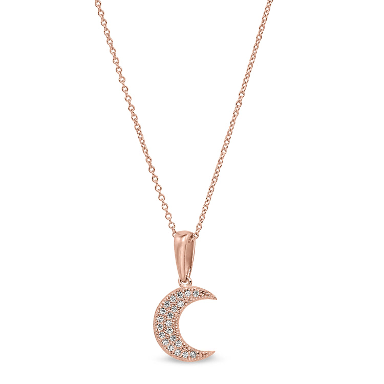 Rose gold finish sterling silver micropave moon pendant with simulated diamonds on 16-18 adjustable chain