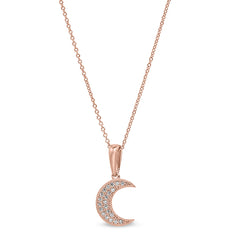 Rose gold finish sterling silver micropave moon pendant with simulated diamonds on 16-18 adjustable chain