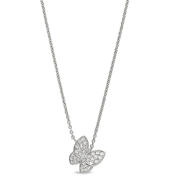 Platinum finish sterling silver micropave butterfly necklace with simulated diamonds on 16-18 adjustable chain