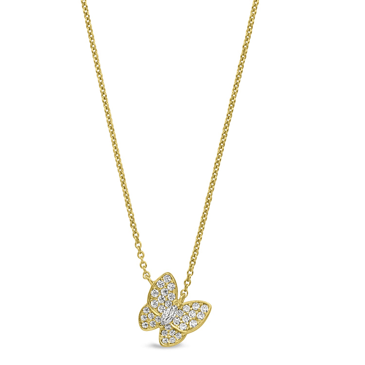 Gold finish sterling silver micropave butterfly necklace with simulated diamonds on 16-18 adjustable chain