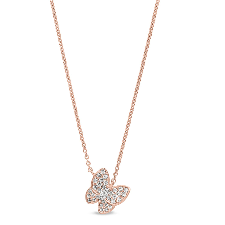 Rose gold finish sterling silver micropave butterfly necklace with simulated diamonds on 16-18 adjustable chain