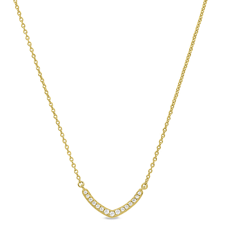 Gold finish sterling silver micropave v necklace with simulated diamonds on 16-18 adjustable chain