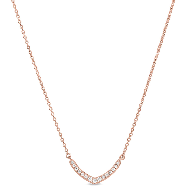 Rose gold finish sterling silver micropave v necklace with simulated diamonds on 16-18 adjustable chain