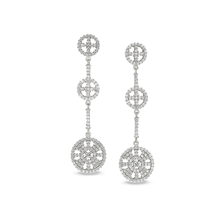 Platinum finish sterling silver micropave three circle drop earrings with simulated diamonds