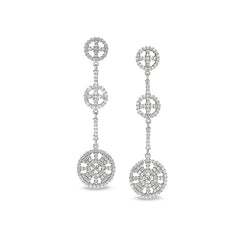 Platinum finish sterling silver micropave three circle drop earrings with simulated diamonds