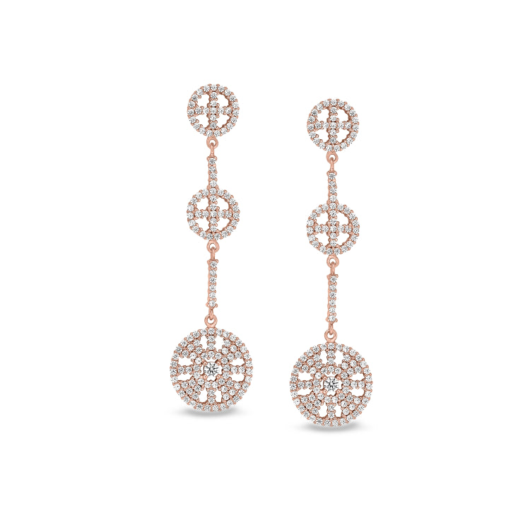 Rose gold finish sterling silver micropave three circle drop earrings with simulated diamonds