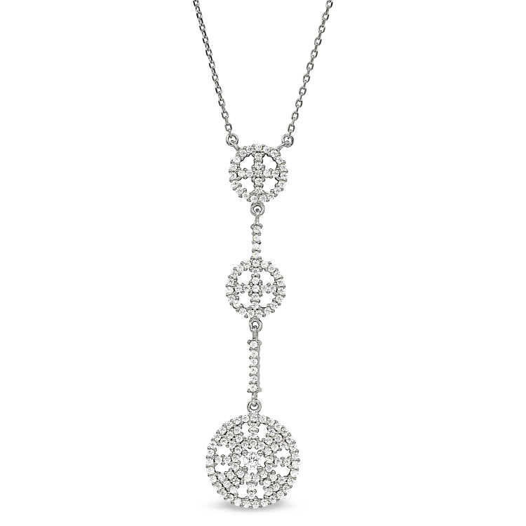 Platinum finish sterling silver micropave three circle drop necklace with simulated diamonds on 16-18 adjustable chain