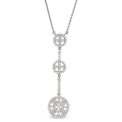 Platinum finish sterling silver micropave three circle drop necklace with simulated diamonds on 16-18 adjustable chain