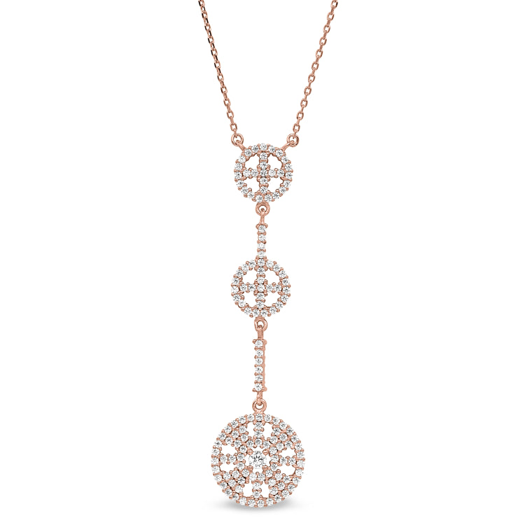 Rose gold finish sterling silver micropave three circle drop necklace with simulated diamonds on 16-18 adjustable chain
