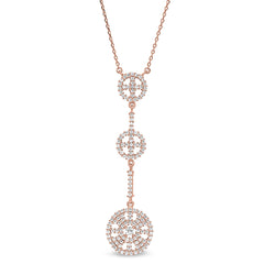 Rose gold finish sterling silver micropave three circle drop necklace with simulated diamonds on 16-18 adjustable chain