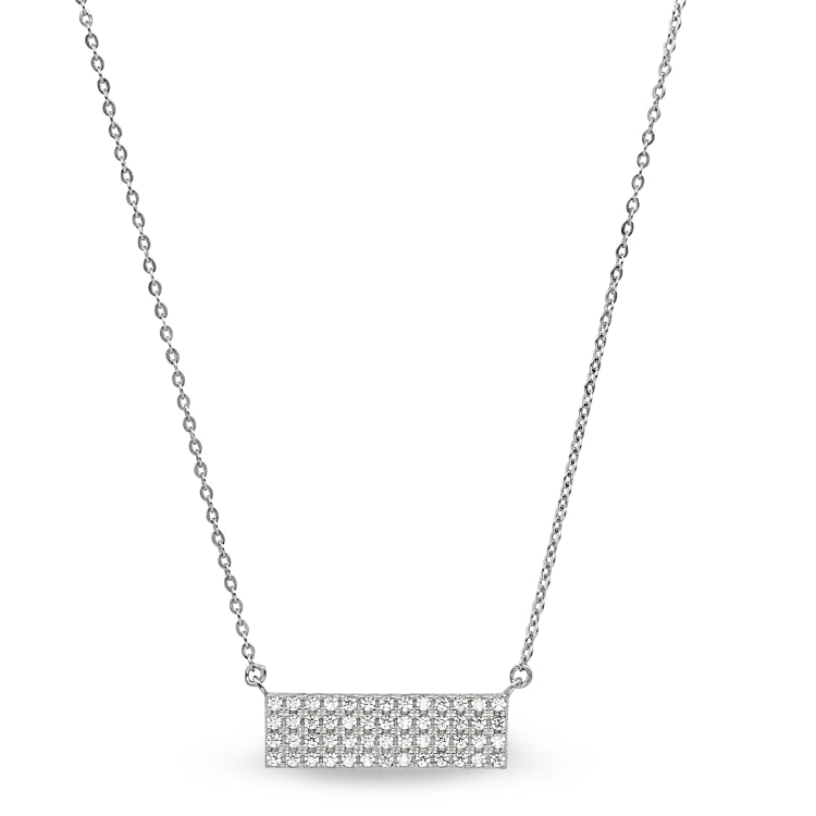 Platinum finish sterling silver micropave four row bar necklace with simulated diamonds on 16-18 adjustable chain