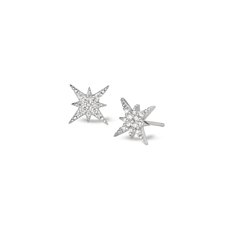 Platinum finish sterling silver micropave starburst earrings with simulated diamonds