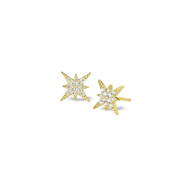 Gold finish sterling silver micropave starburst earrings with simulated diamonds