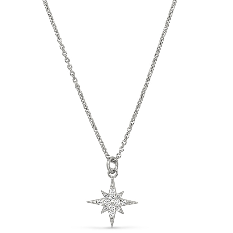 Platinum finish sterling silver micropave starburst pendant with simulated diamonds on 16-18 adjustable chain