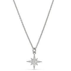 Platinum finish sterling silver micropave starburst pendant with simulated diamonds on 16-18 adjustable chain