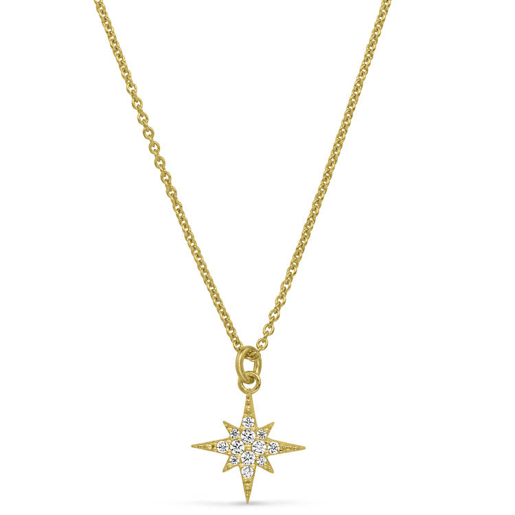 Gold finish sterling silver micropave starburst pendant with simulated diamonds on 16-18 adjustable chain