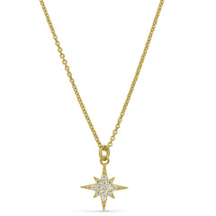 Gold finish sterling silver micropave starburst pendant with simulated diamonds on 16-18 adjustable chain