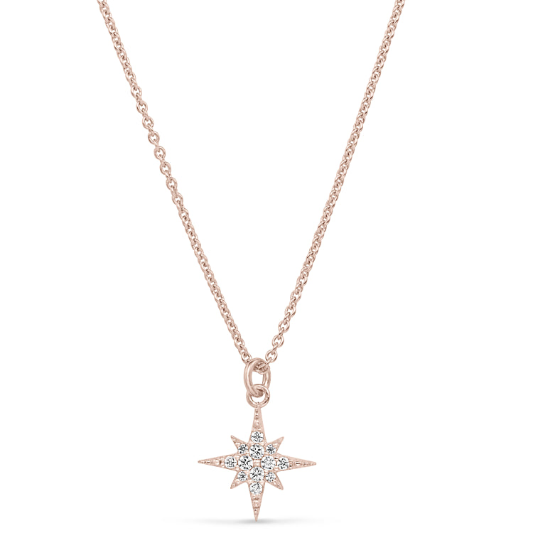 Rose gold finish sterling silver micropave starburst pendant with simulated diamonds on 16-18 adjustable chain