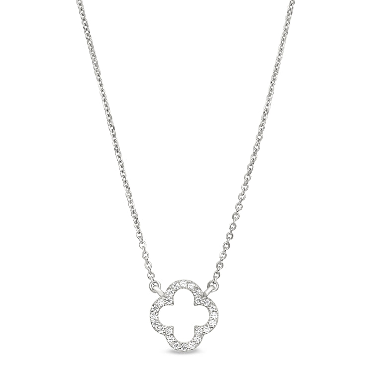 Platinum finish sterling silver micropave open clover necklace with simulated diamonds on 16-18 adjustable chain