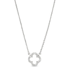 Platinum finish sterling silver micropave open clover necklace with simulated diamonds on 16-18 adjustable chain