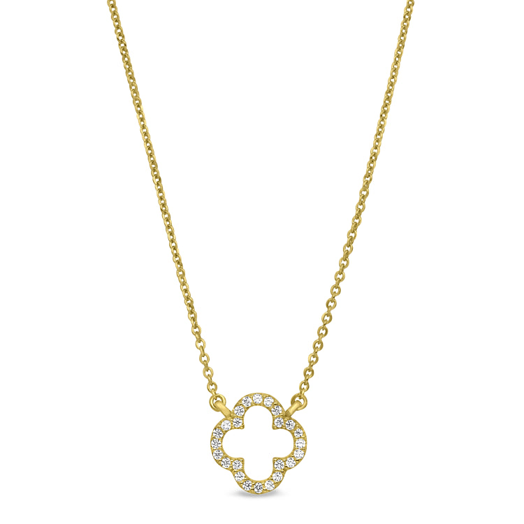 Gold finish sterling silver micropave open clover necklace with simulated diamonds on 16-18 adjustable chain