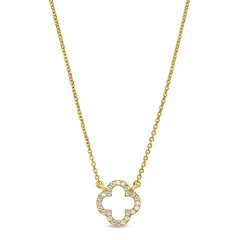 Gold finish sterling silver micropave open clover necklace with simulated diamonds on 16-18 adjustable chain
