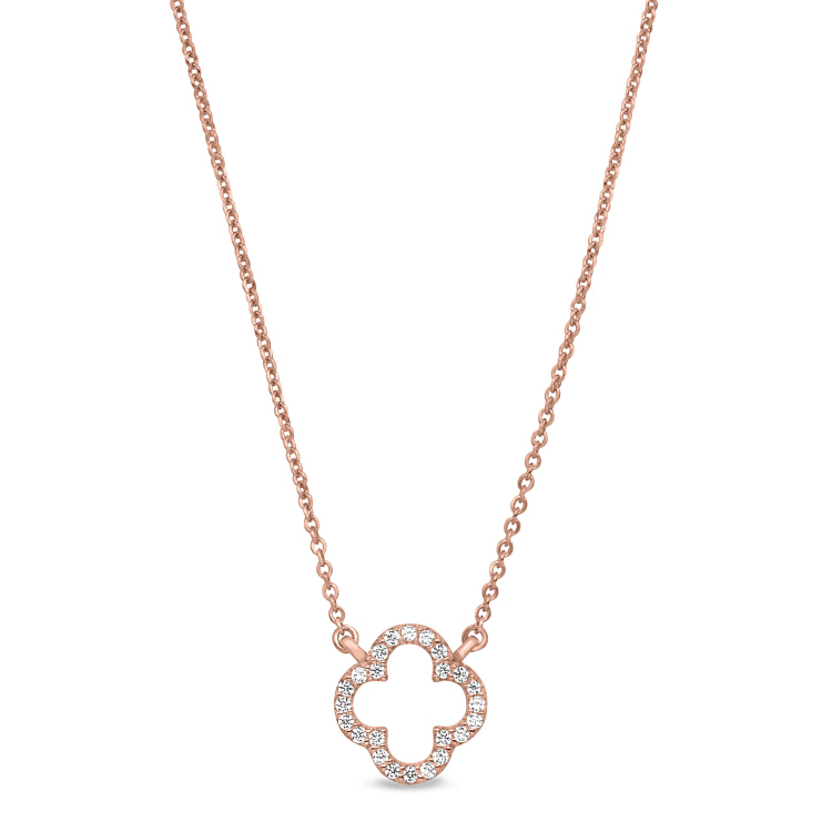 Rose gold finish sterling silver micropave open clover necklace with simulated diamonds on 16-18 adjustable chain