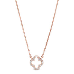 Rose gold finish sterling silver micropave open clover necklace with simulated diamonds on 16-18 adjustable chain