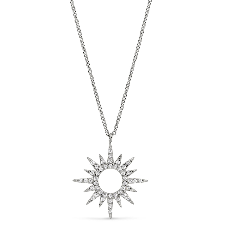 Platinum finish sterling silver micropave open starburst pendant with simulated diamonds on 16-18 adjustable chain