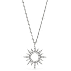 Platinum finish sterling silver micropave open starburst pendant with simulated diamonds on 16-18 adjustable chain