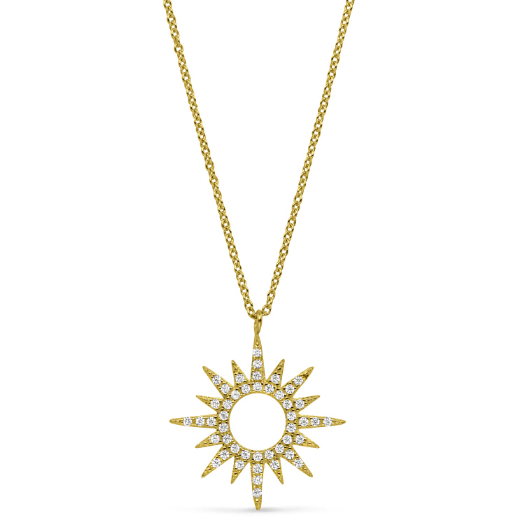 Gold finish sterling silver micropave open starburst pendant with simulated diamonds on 16-18 adjustable chain