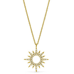 Gold finish sterling silver micropave open starburst pendant with simulated diamonds on 16-18 adjustable chain
