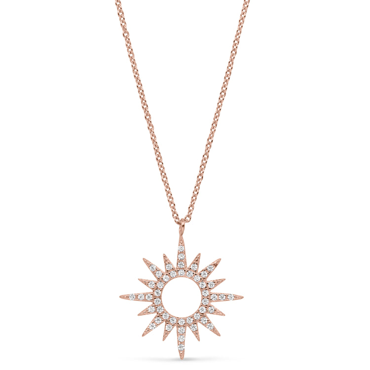 Rose gold finish sterling silver micropave open starburst pendant with simulated diamonds on 16-18 adjustable chain