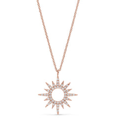 Rose gold finish sterling silver micropave open starburst pendant with simulated diamonds on 16-18 adjustable chain