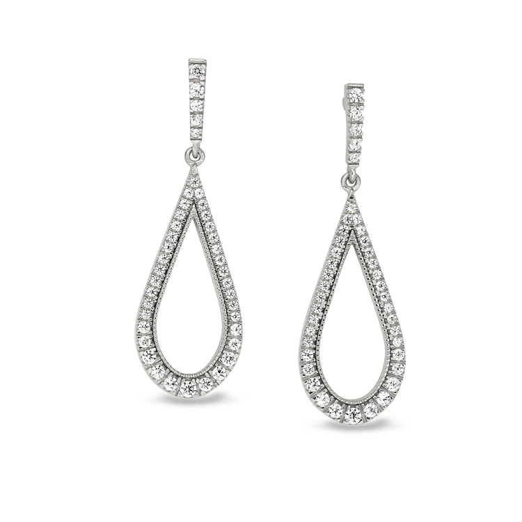 Platinum finish sterling silver micropave teardrop earrings with simulated diamonds
