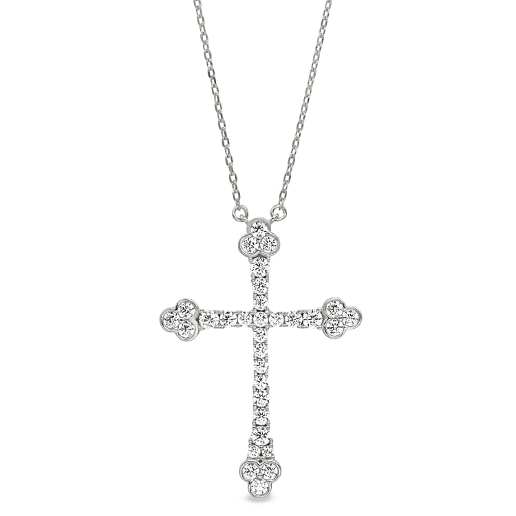 Platinum finish sterling silver micropave fancy cross pendant with simulated diamonds on 16-18 adjustable chain