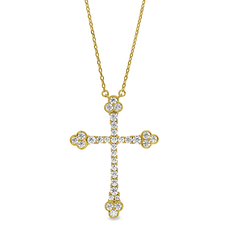 Gold finish sterling silver micropave fancy cross pendant with simulated diamonds on 16-18 adjustable chain