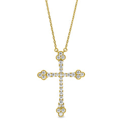 Gold finish sterling silver micropave fancy cross pendant with simulated diamonds on 16-18 adjustable chain