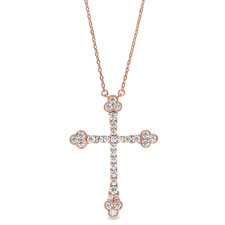 Rose gold finish sterling silver micropave fancy cross pendant with simulated diamonds on 16-18 adjustable chain