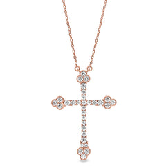 Rose gold finish sterling silver micropave fancy cross pendant with simulated diamonds on 16-18 adjustable chain