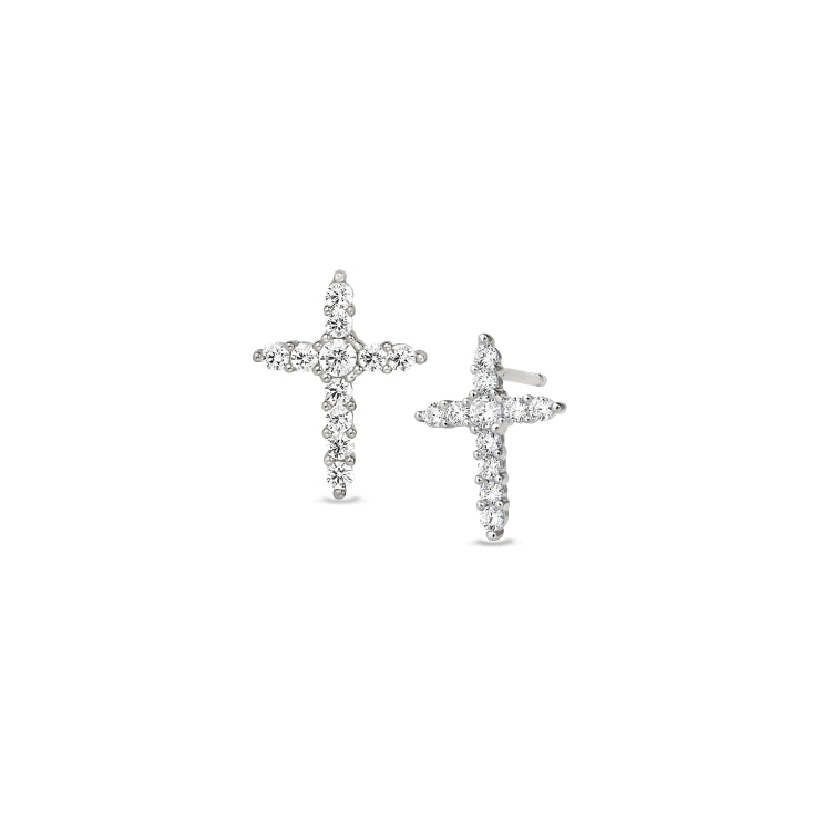 Platinum finish sterling silver cross earrings with simulated diamonds