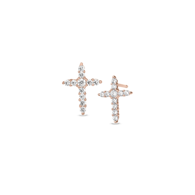 Rose gold finish sterling silver cross earrings with simulated diamonds